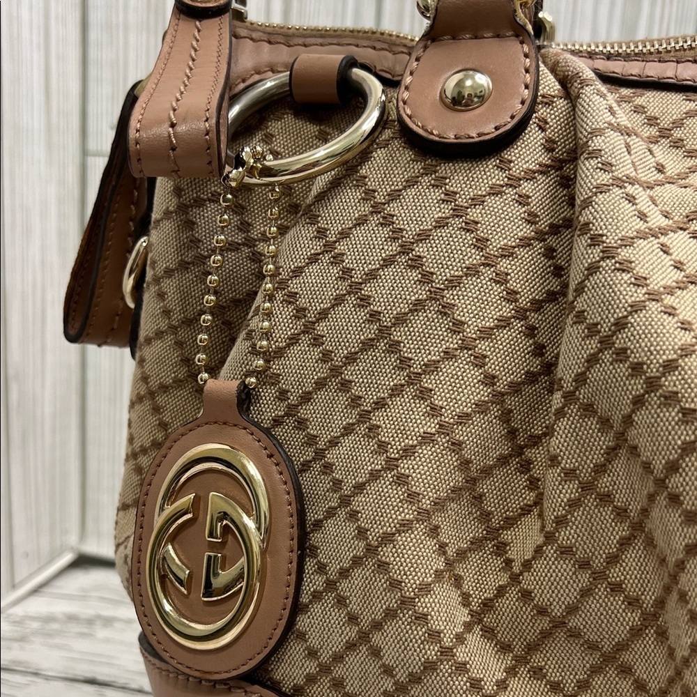 Gucci Beige Canvas Satchel Leather Trim Handbag - Picture 4 of 12